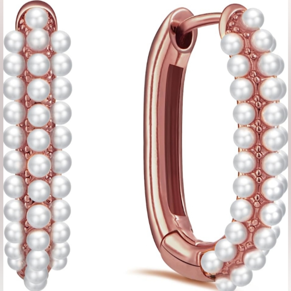 Rose Gold and Pearl Rectangle Hoops Rectangular Hoop Earrings Pave Pearls - Picture 6 of 12